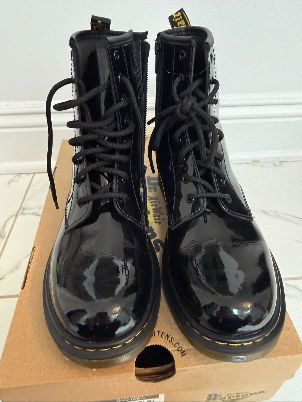 Dr. Martens Black Patent Lace-Up Combat Boots with Yellow Stitching